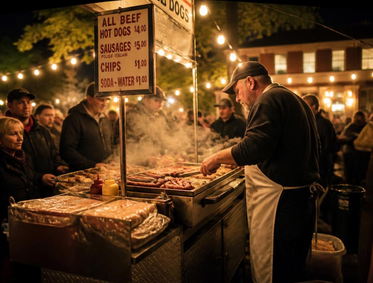 Obi's Dawgz hot dog cart serving a crowd at an evening event