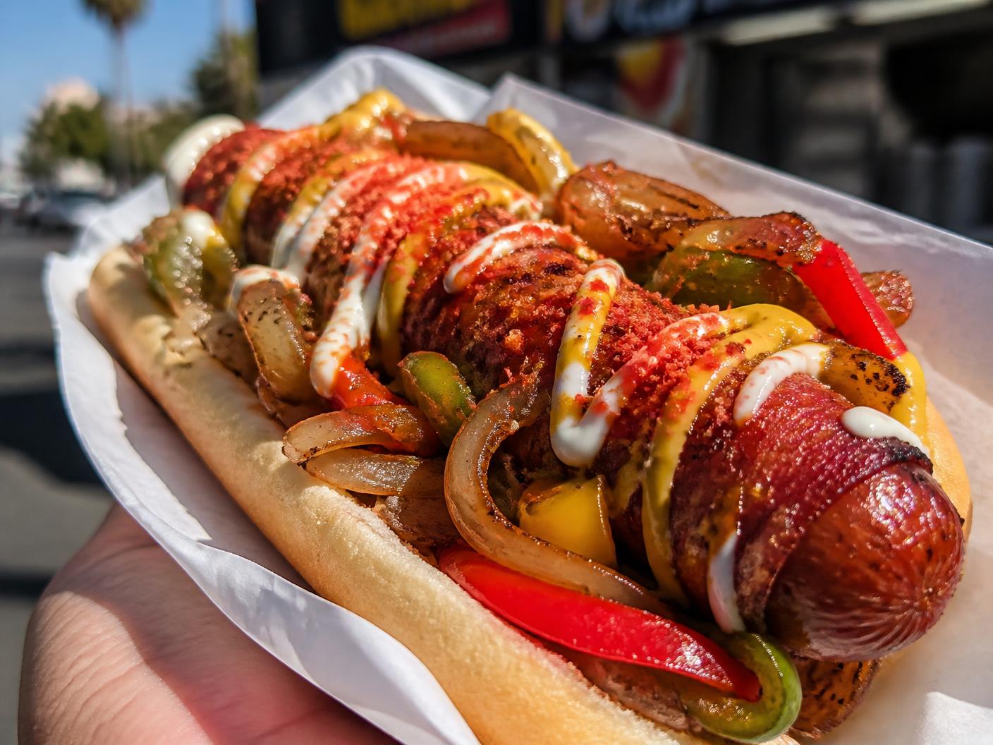 Bacon wrapped LA street style hot dog loaded with grilled onions, peppers and sauces
